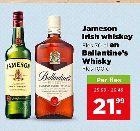 Jameson Irish whiskey Fles 70 cl en Ballantine’s Whisky Fles 100 cl Per fles