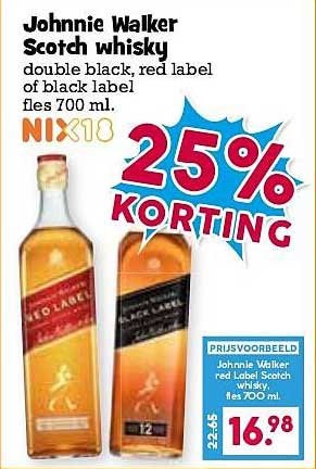Johnnie Walker Scotch whisky double black, red label of black label fles 700 ml. MIX10 25% KORTING