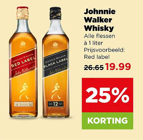 Johnnie Walker Whisky Alle flessen à 1 liter Prijsvoorbeeld: Red label 25% KORTING