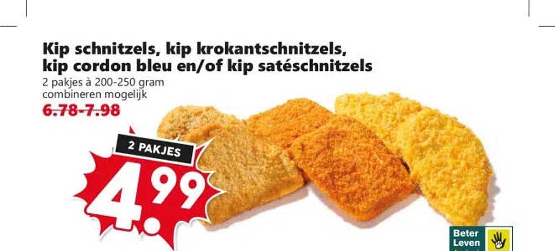 Kip schnitzels, kip krokantschnitzels, kip cordon bleu en/of kip satéschnitzels