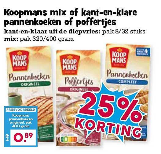 Koopmans mix of kant-en-klare pannenkoeken of poffertjes 25% korting