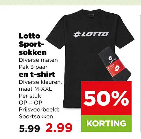 Lotto Sport-sokken Diverse maten Pak 3 paar en t-shirt Diverse kleuren, maat M-XXL Per stuk OP = OP 50% KORTING