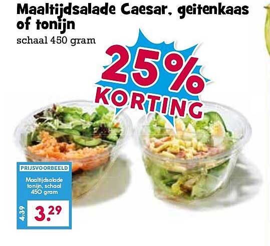 Maaltijdsalade Caesar, geitenkaas of tonijn schaal 450 gram 25% korting