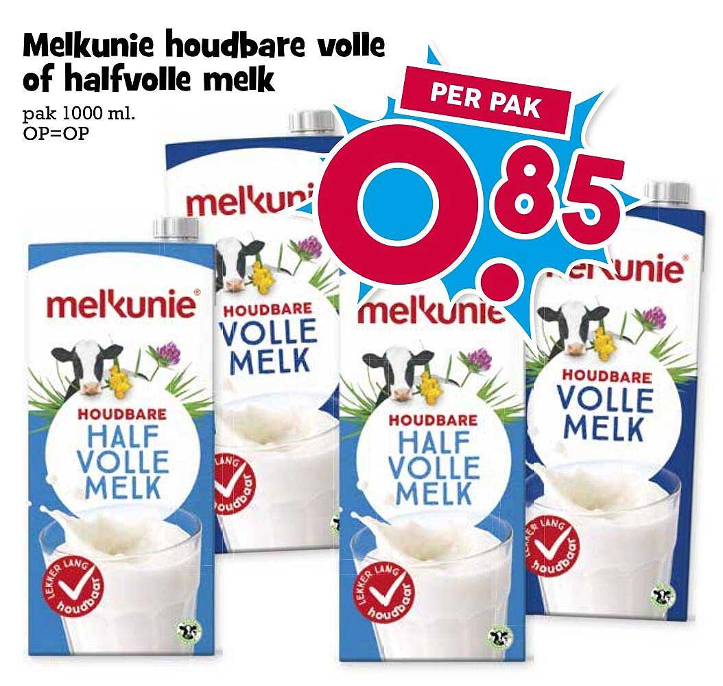 Melkunie houdbare volle of halfvolle melk pak 1000 ml. OP=OP PER PAK