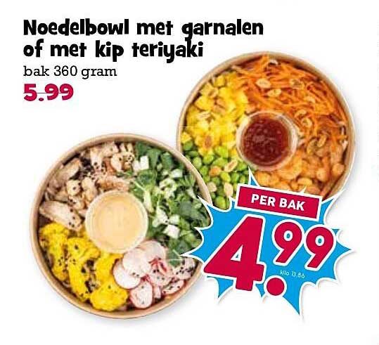 Noedelbowl met garnalen of met kip teriyaki
