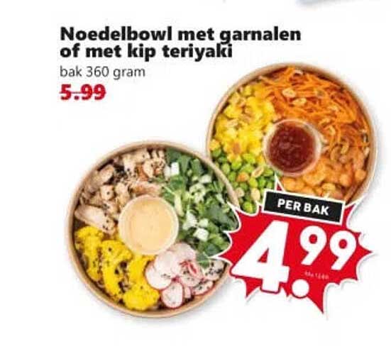 Noodelbowl met garnalen of met kip teriyaki