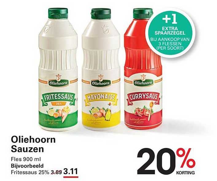 Oliehoorn Sauzen Fles 900 ml Bijvoorbeeld Fritessaus 25% 20% korting +1 extra spaarzegel bij aankoop van 3 flessen (per soort)