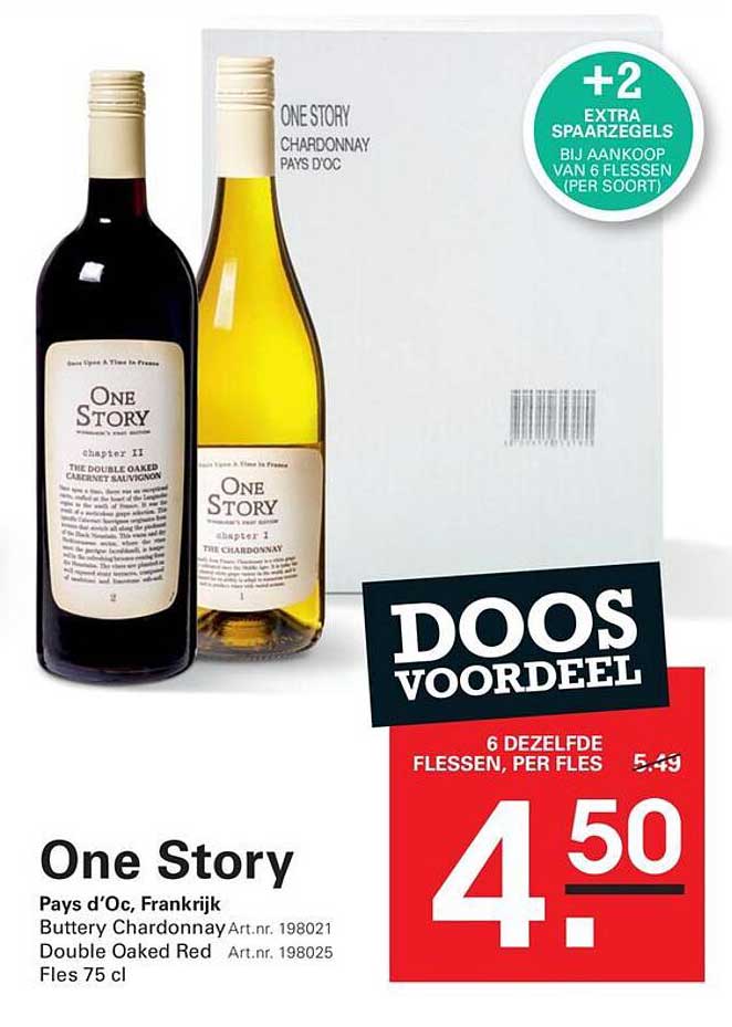One Story Pays d'Oc, Frankrijk Buttery Chardonnay Art.nr. 198021 Double Oaked Red Art.nr. 198025 Fles 75 cl +2 EXTRA SPAARREGELS BIJ AANKOOP VAN 6 FLESSEN (PER SOORT) DOOS VOORDEEL 6 DEZELFDE FLESSEN, PER FLES