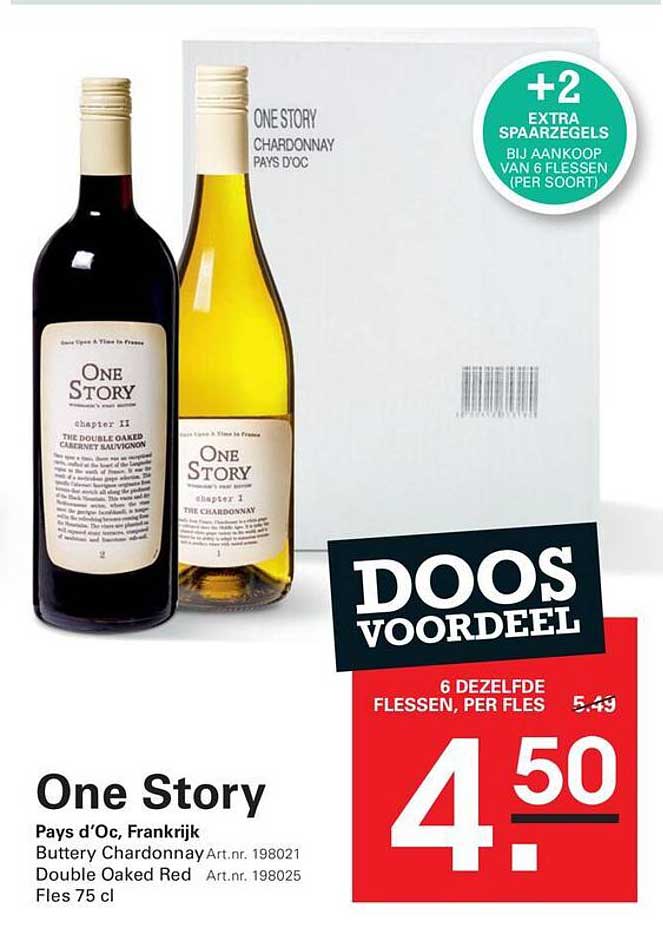 One Story Pays d'Oc, Frankrijk Buttery Chardonnay Art.nr. 198021 Double Oaked Red Art.nr. 198025 Fles 75 cl DOOS VOORDEEL