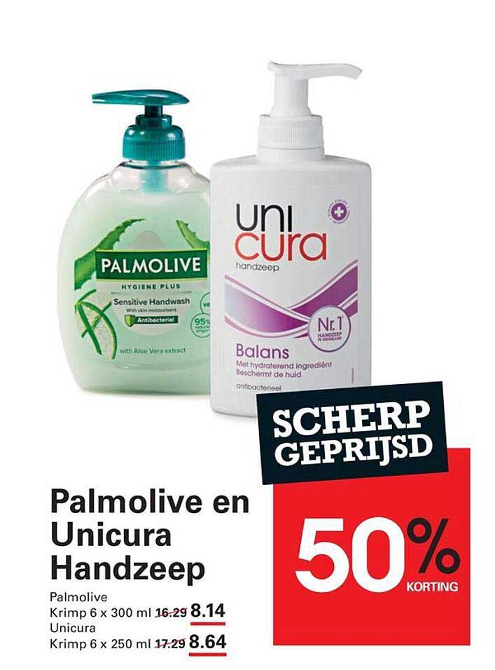 Palmolive en Unicura Handzeep 50% korting