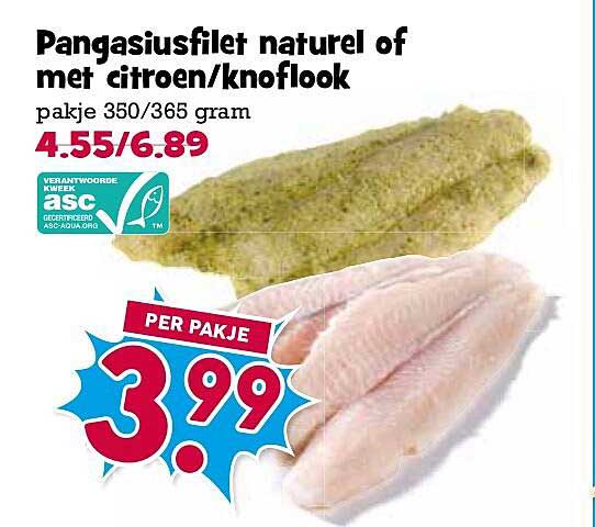 Pangasiusfilet naturel of met citroen/knoflook per pakje