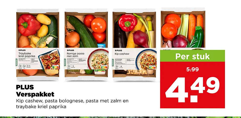 PLUS Verspakket Kip cashew, pasta bolognese, pasta met zalm en traybake krieltjes paprika Per stuk