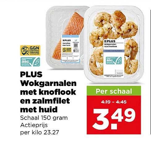 PLUS Wokgarnalen met knoflook en zalmfilet met huid