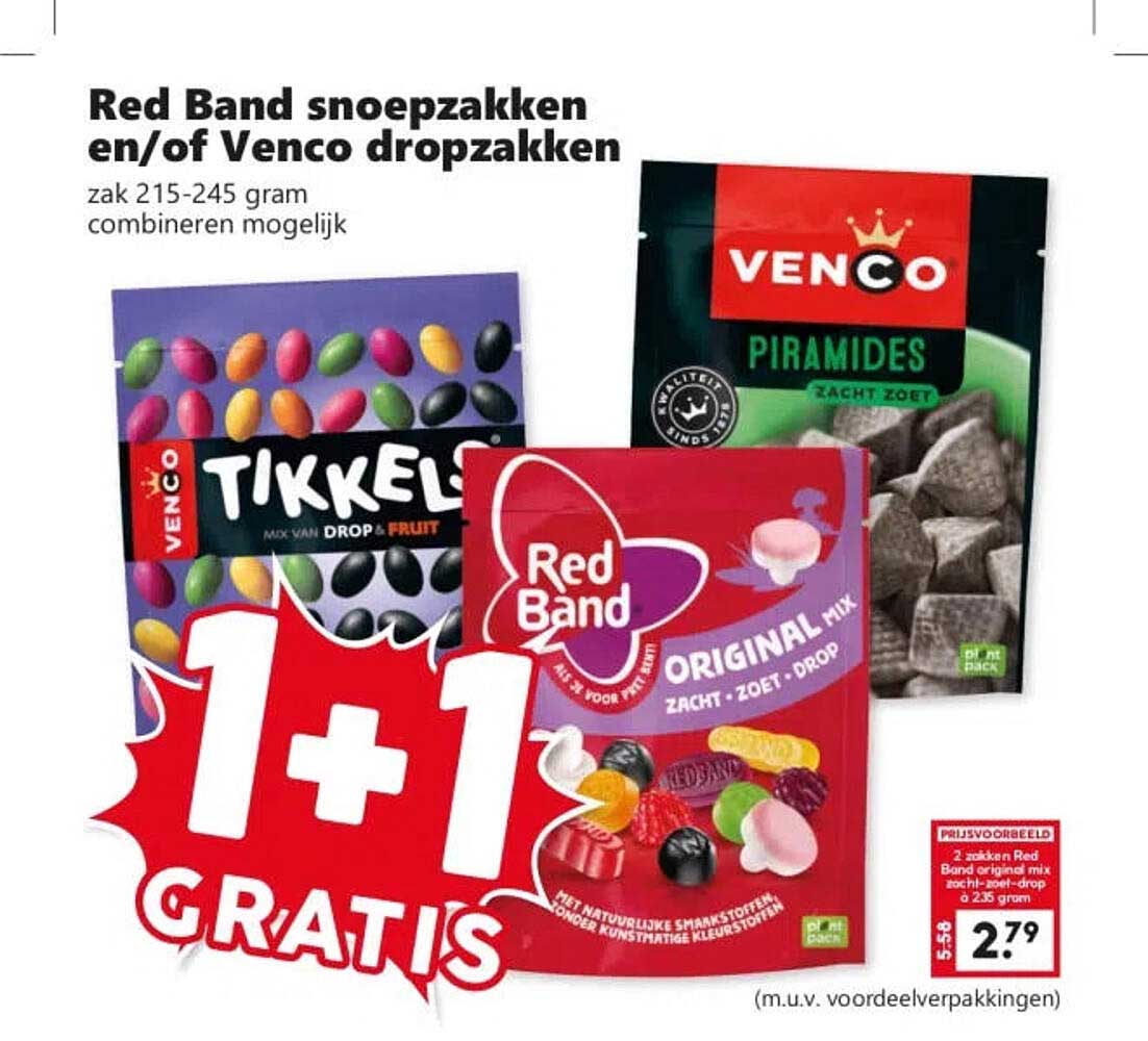 Red Band snoepzakken en/of Venco dropzakken 1+1 GRATIS