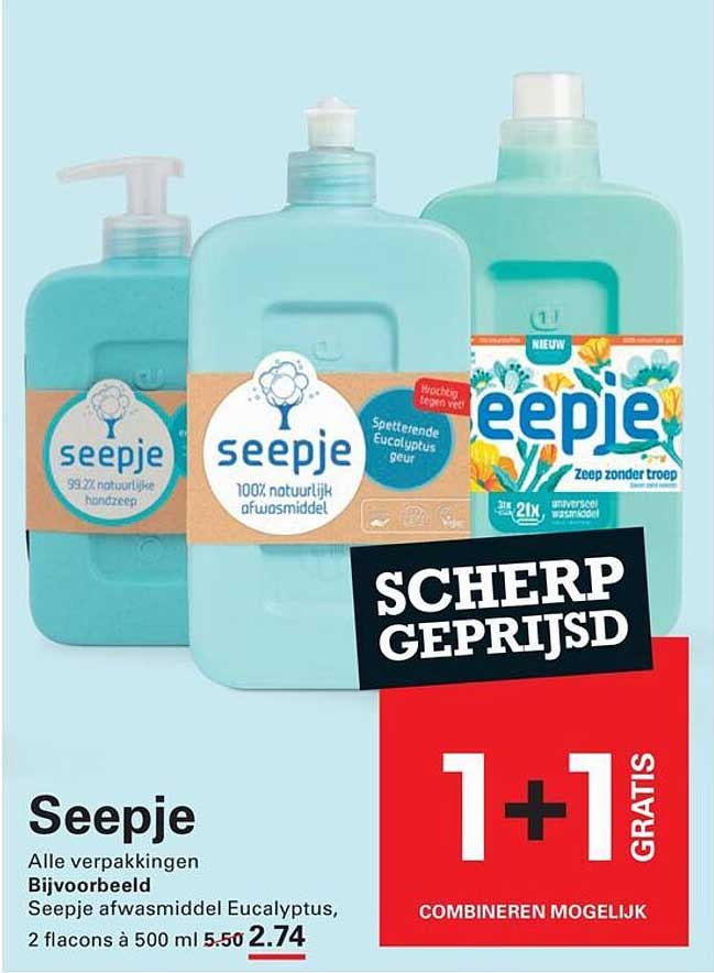 Seepje Alle verpakkingen Bijvoorbeeld Seepje afwasmiddel Eucalyptus, 2 flacons a 500 ml 1+1 gratis