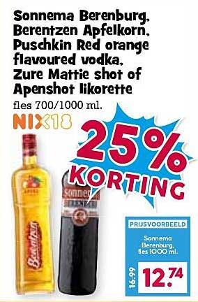 Sonnema Berenburg, Berentzen Apfelkorn, Pushkin Red orange flavoured vodka, Zure Mattie shot of Apenshot likorette fles 700/1000 ml. NIX18 25% KORTING