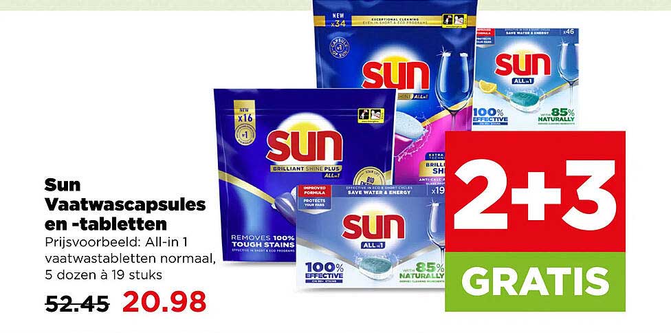 Sun Vaatwascapsules en -tabletten 2+3 GRATIS