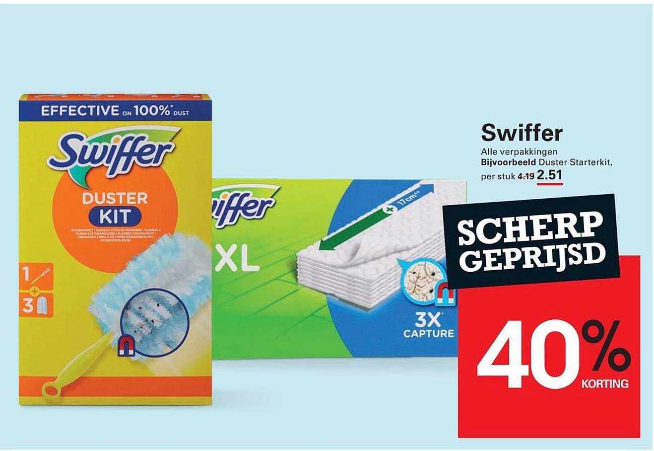 Swiffer Alle verpakkingen Bijvoorbeeld Duster Starterkit, per stuk 4.19 2.51 40% korting