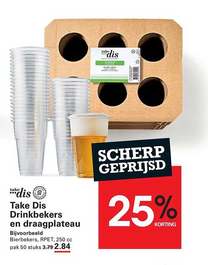 Take Dis Drinkbekers en draagplateau 25% korting