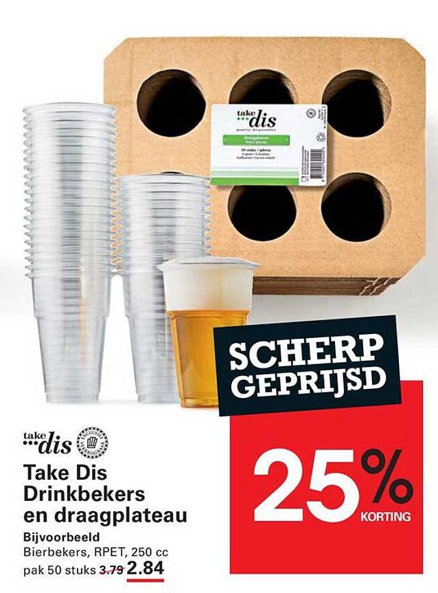 Take Dis Drinkbekers en draagplateau 25% korting