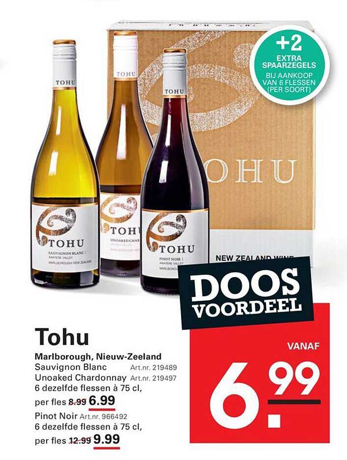 Tohu Marlborough, Nieuw-Zeeland Sauvignon Blanc Unoaked Chardonnay 6 dezelfde flessen à 75 cl, per fles vanaf 6.99, Pinot Noir 6 dezelfde flessen à 75 cl, per fles vanaf 9.99, DOOS VOORDEEL