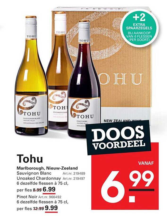 Tohu Marlborough, Nieuw-Zeeland Sauvignon Blanc / Unoaked Chardonnay / Pinot Noir 6 dezelfde flessen à 75 cl, per fles 6.99 / 9.99 DOOS VOORDEEL