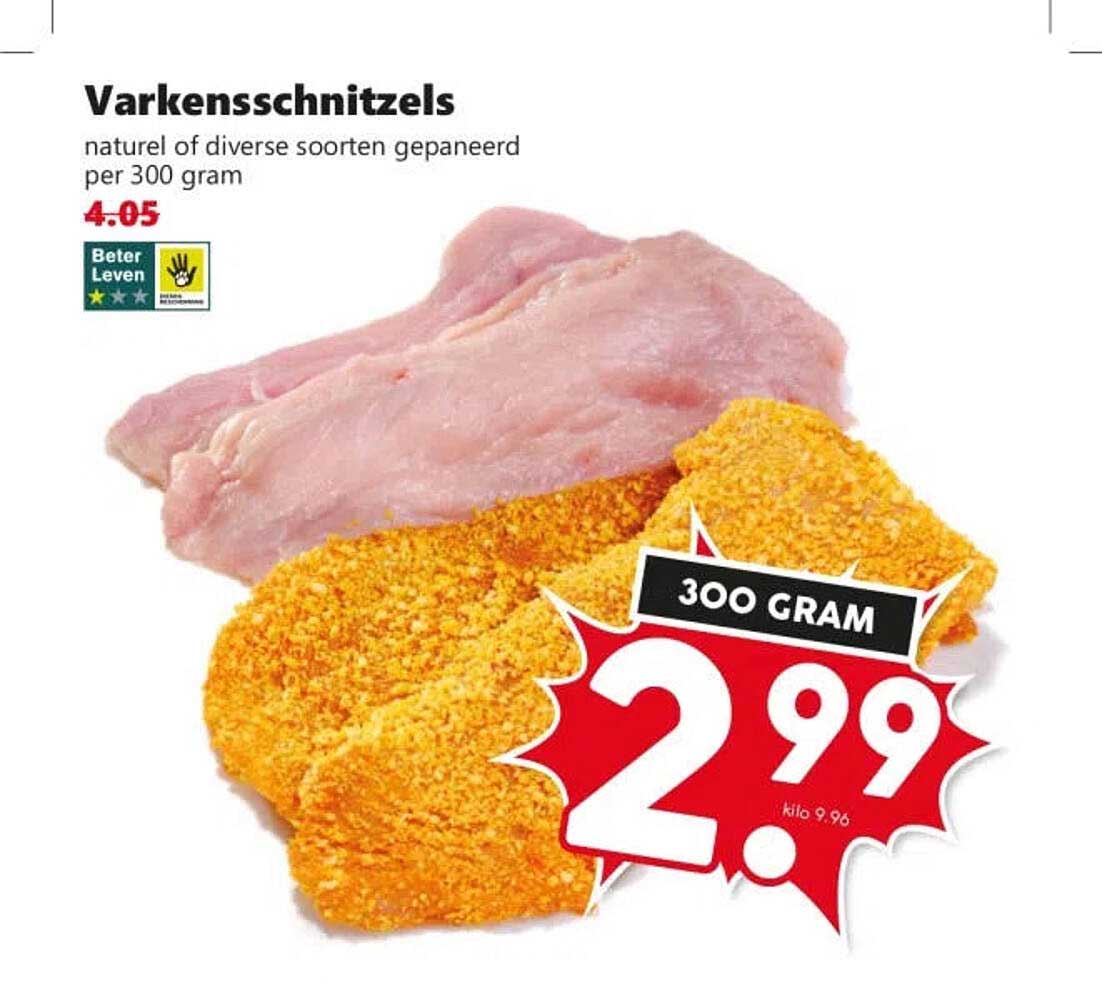 Varkensschnitzels naturel of diverse soorten gepaneerd per 300 gram