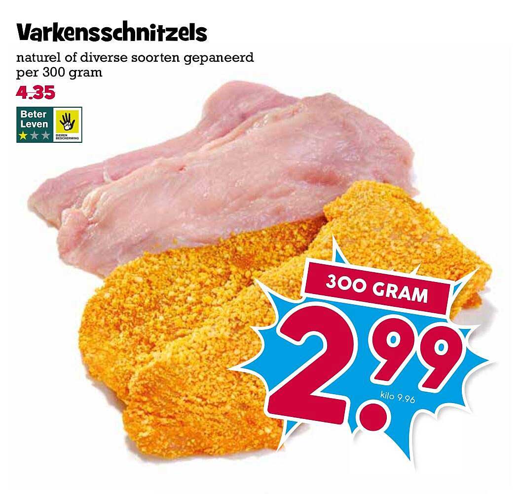 Varkensschnitzels naturel of diverse soorten gepaneerd per 300 gram