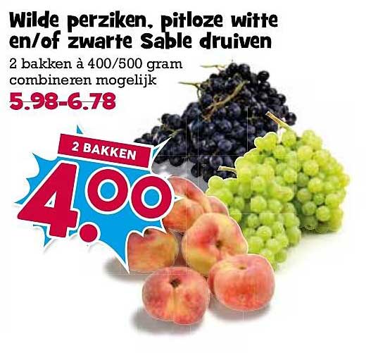 Wilde perziken, pitloze witte en/of zwarte Sable druiven 2 bakken à 400/500 gram combineer mogelijk 2 BAKKEN