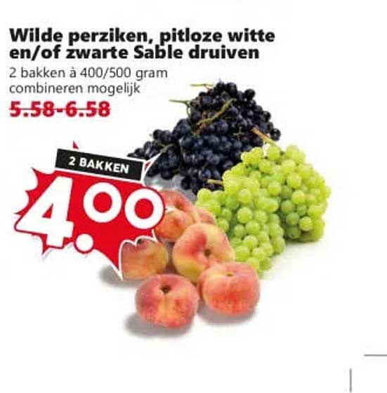 Wilde perziken, pitloze witte en/of zwarte Sable druiven 2 bakken à 400/500 gram combineren mogelijk