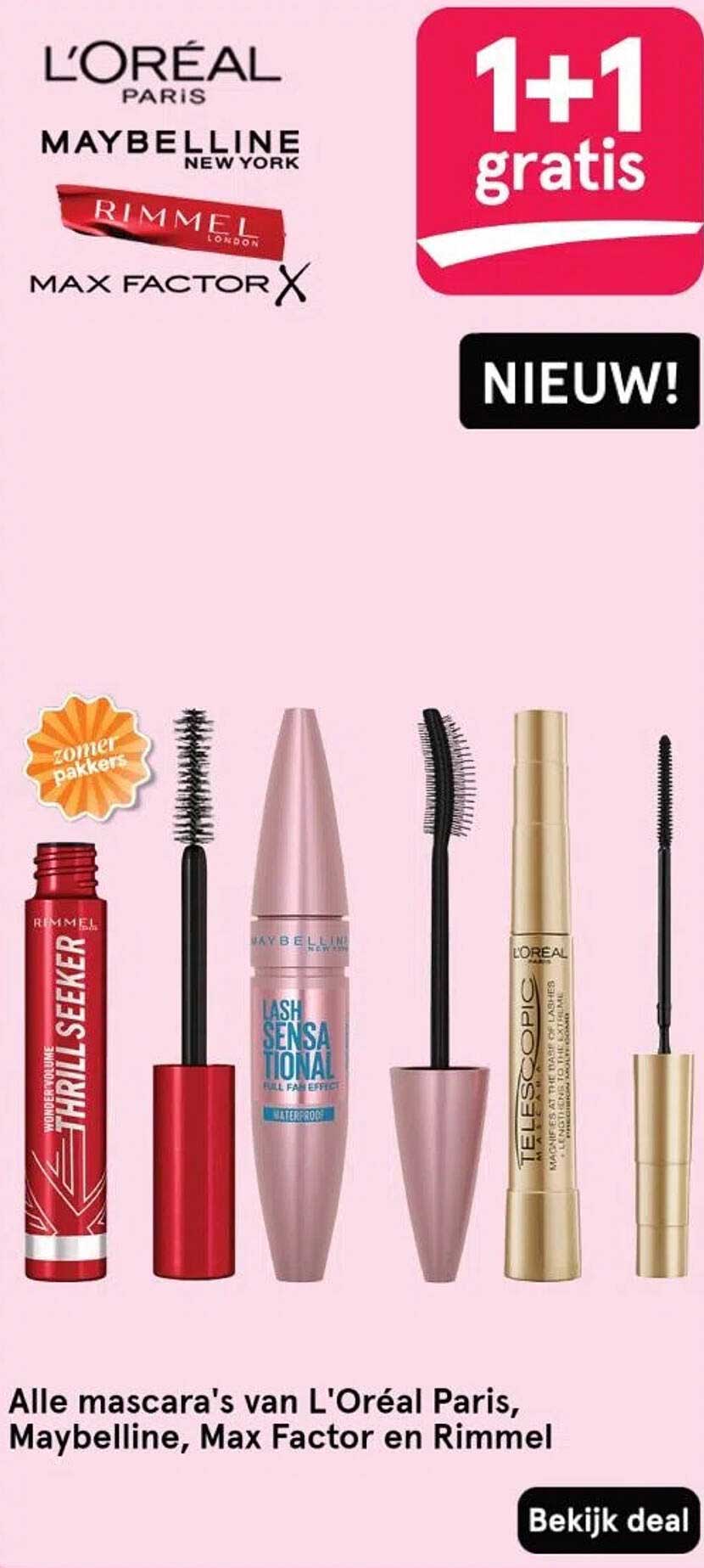 1+1 gratis op alle mascara's van L'Oréal Paris, Maybelline, Max Factor en Rimmel