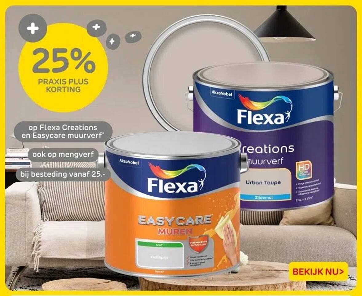 25% PRAKIS PLUS KORTING op Flexa Creations en Easycare muurverf