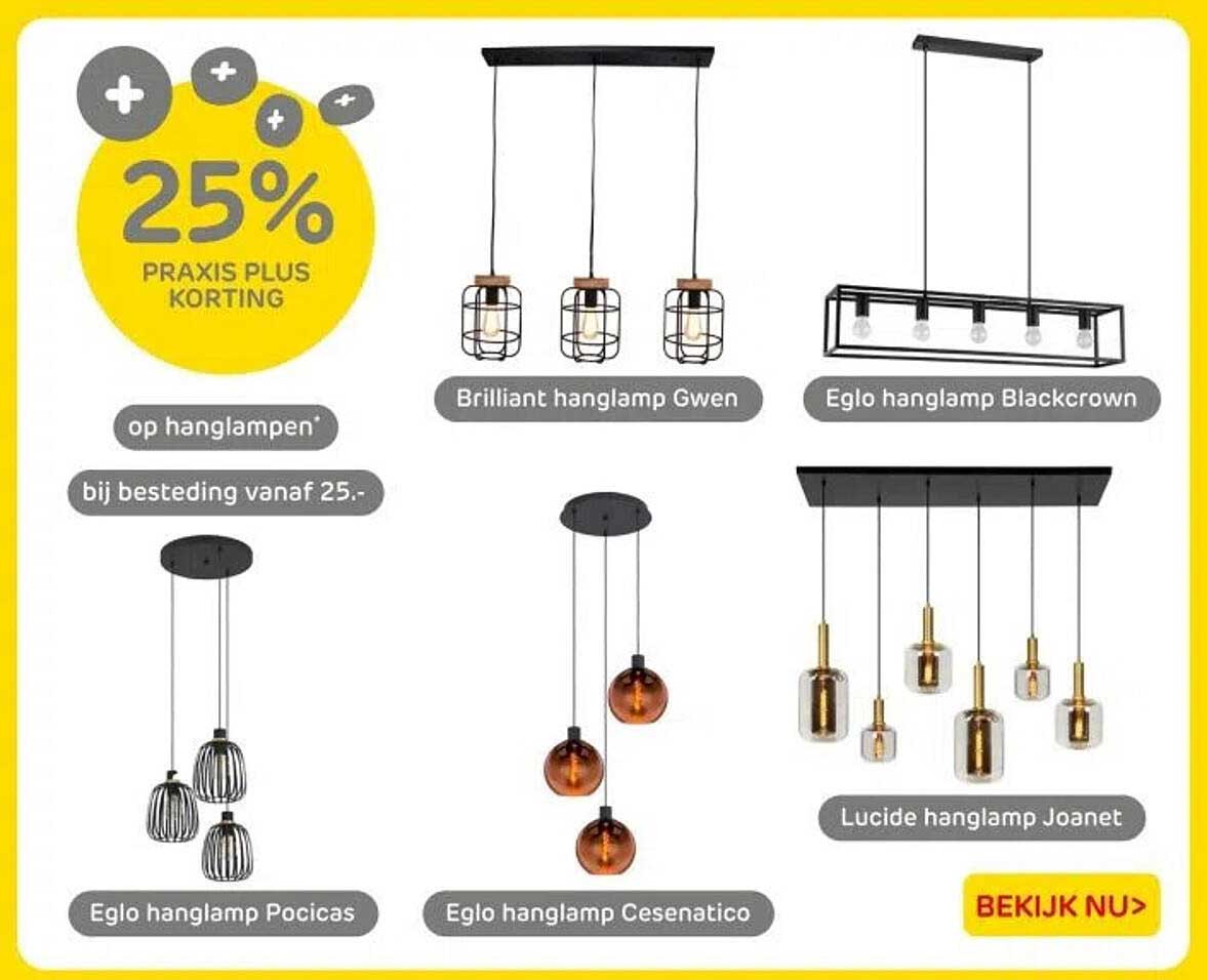 25% PRAKIS PLUS KORTING op hanglampen bij besteding vanaf 25,-
