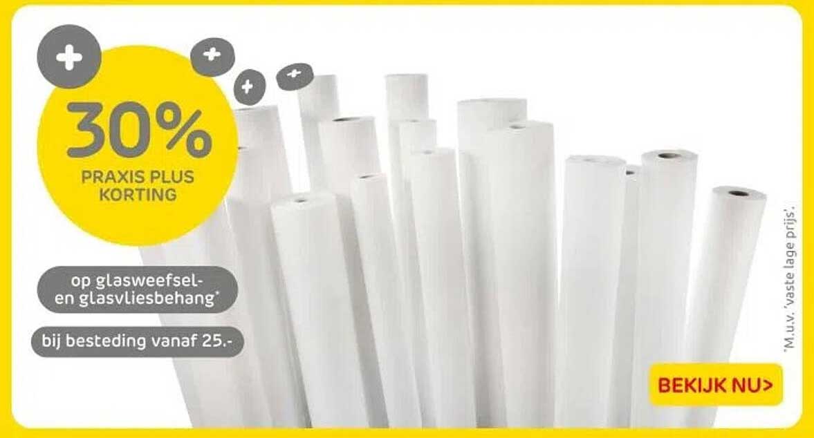 30% PRAKTIJS PLUS KORTING op glasweefsel- en glasvliesbehang bij besteding vanaf 25.-