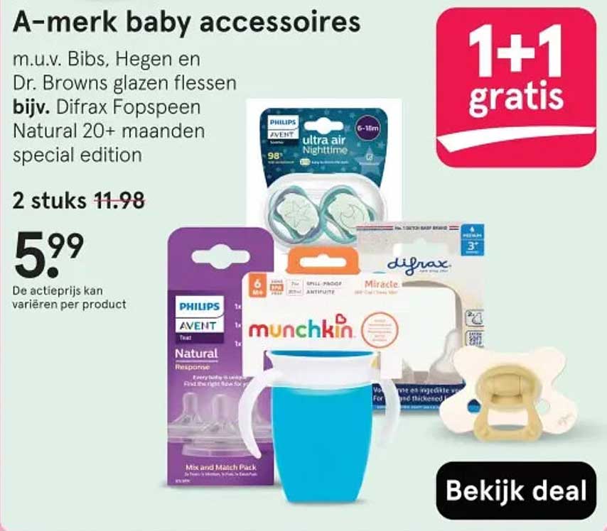 A-merk baby accessoires m.u.v. Bibs, Hegen en Dr. Browns glazen flessen bijv. Difrax Fopspeen Natural 20+ maanden special edition
