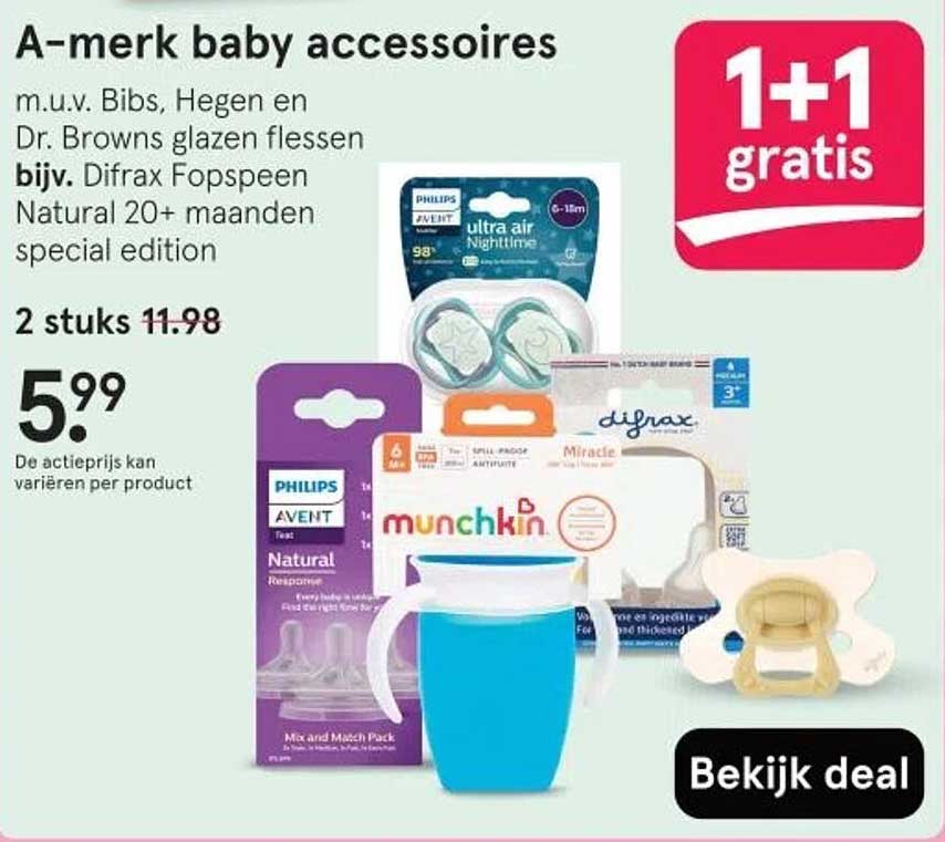A-merk baby accessoires m.u.v. Bibs, Hegen en Dr. Browns glazen flessen bijv. Difrax Fopspeen Natural 20+ maanden special edition