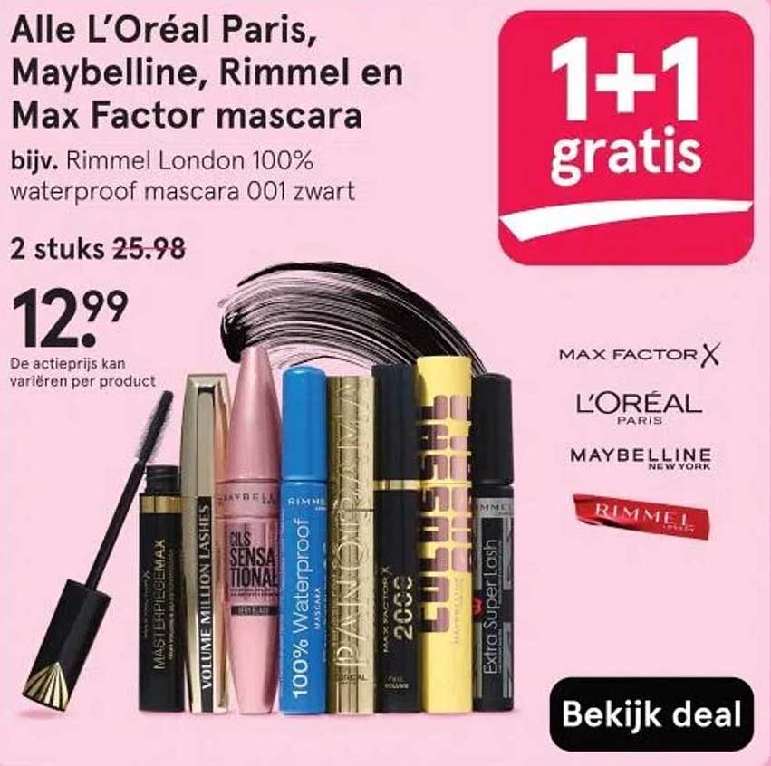 Alle L’Oréal Paris, Maybelline, Rimmel en Max Factor mascara 1+1 gratis