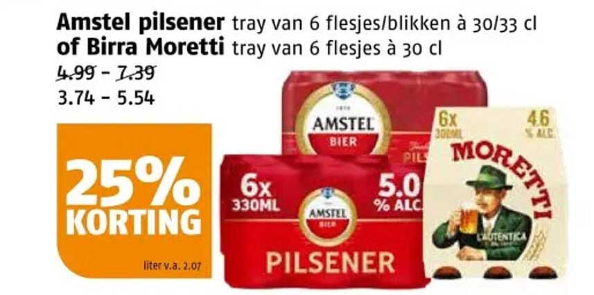 Amstel pilsener tray van 6 flesjes/blikken à 30/33 cl of Birra Moretti tray van 6 flesjes à 30 cl