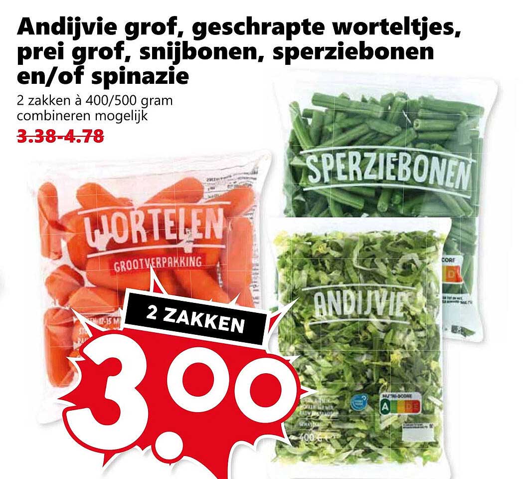 Andijvie grof, geschaapte worteltjes, prei grof, snijbonen, sperziebonen en/of spinazie
