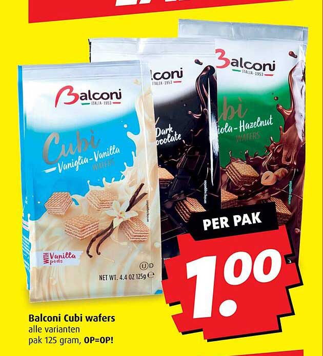 Balconi Cubi wafers alle varianten pak 125 gram, OP=OP!
