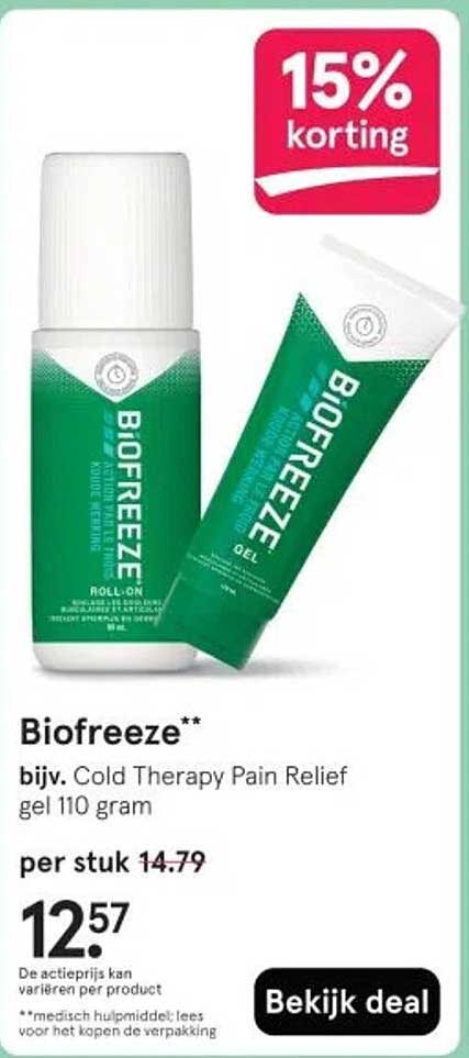 Biofreeze** bijv. Cold Therapy Pain Relief gel 110 gram