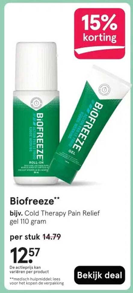 Biofreeze** bijv. Cold Therapy Pain Relief gel 110 gram