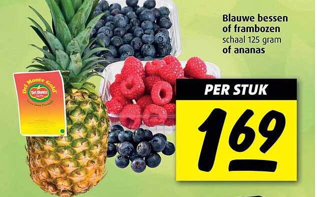 Blauwe bessen of frambozen schaal 125 gram of ananas