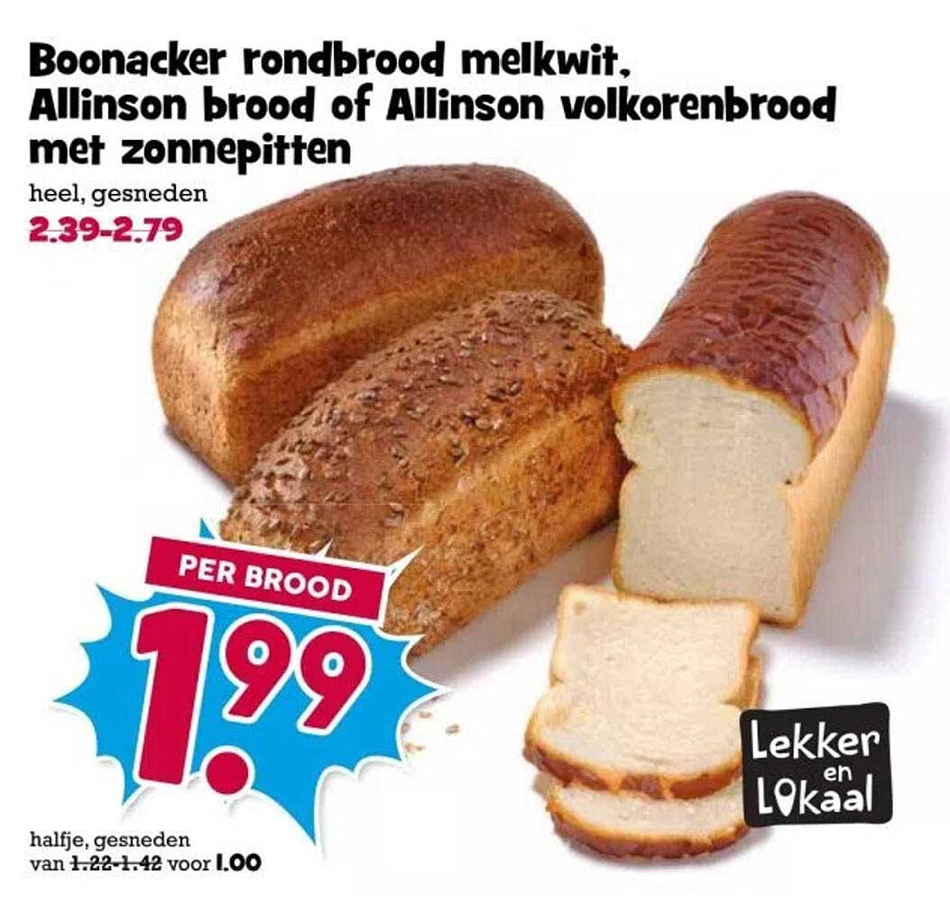 Boonacker rondbrood melkweit, Allinson brood of Allinson volkorenbrood met zonnepitten