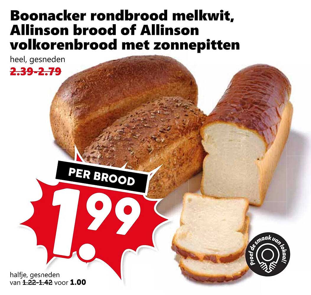 Boonacker rondbrood melkwit, Allinson brood of Allinson volkorenbrood met zonnebitter