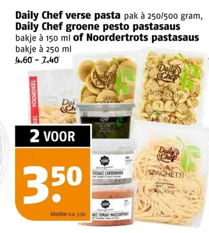 Daily Chef verse pasta pak à 250/500 gram, Daily Chef groene pesto pastasaus bakje à 150 ml of Noordertrots pastasaus bakje à 250 ml