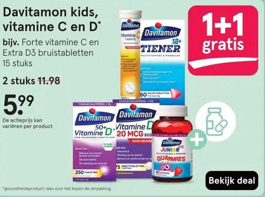 Davitamon kids, vitamine C en D* bijv. Forte vitamine C en Extra D3 bruistabletten 15 stuks 2 stuks 11.98