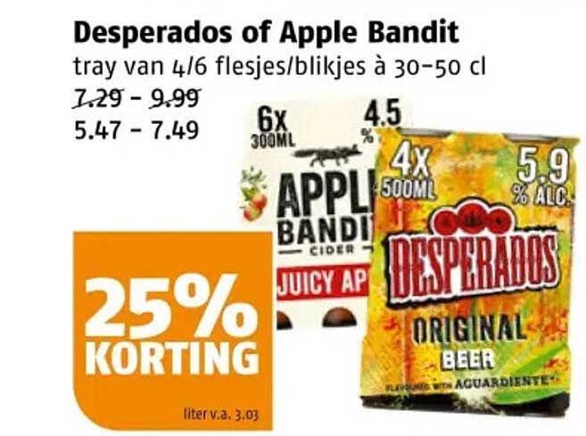 Desperados of Apple Bandit tray van 4/6 flesjes/blikjes à 30-50 cl