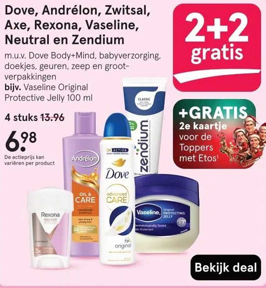 Dove, Andrélon, Zwitsal, Axe, Rexona, Vaseline, Neutral en Zendium - 2+2 gratis!