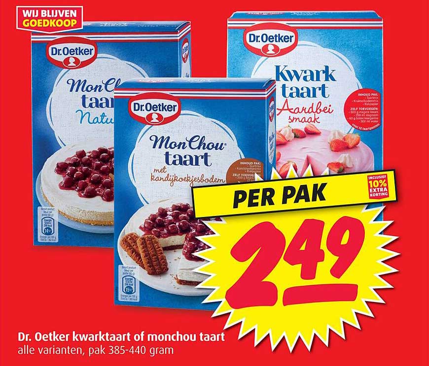Dr. Oetker kwarktaart of monchou taart, alle varianten, pak 385-440 gram